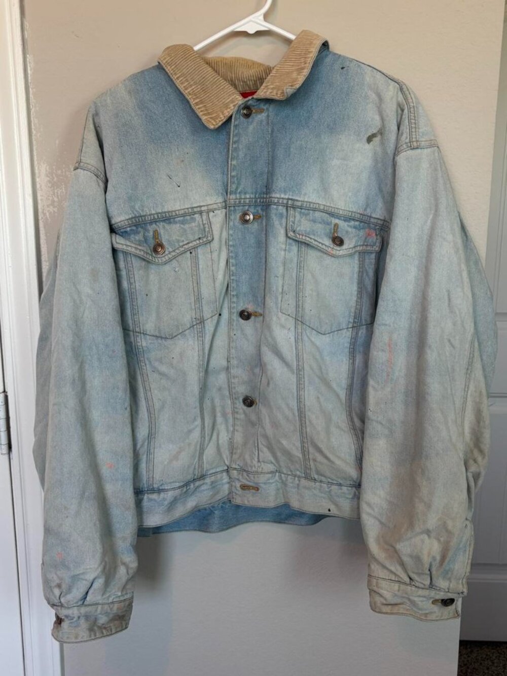 Sun River Paint Splattered Red Lined Jean Jacket